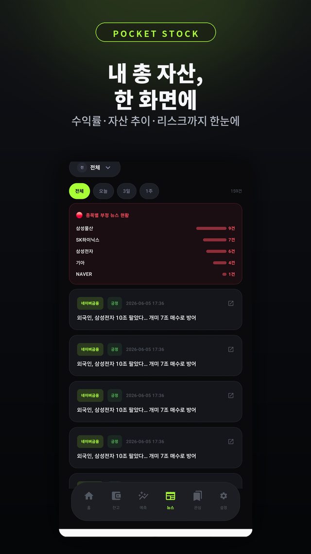 PocketStock 주식 포트폴리오 수익률·손익 화면